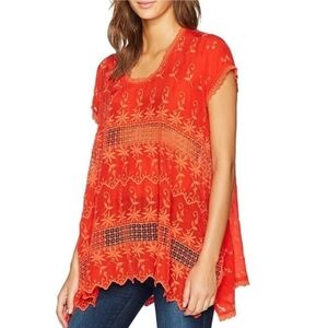 Johnny Was Orange Floral Embroidered Open Knit Short Sleeve Relaxed Tunic Top
